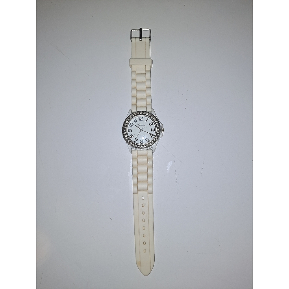 Geneva white cream watch silicone jewelry bracelet rhinestone stainless steel